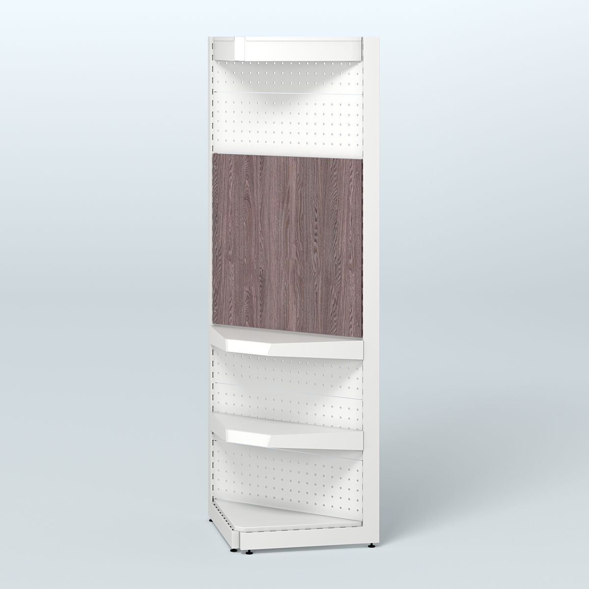 Угловой металлический стеллаж под врезные краны с верхним фризом для магазина разливного пива и рыбы BEER&FISH-УМС-2150-2 Ясень Анкор темный