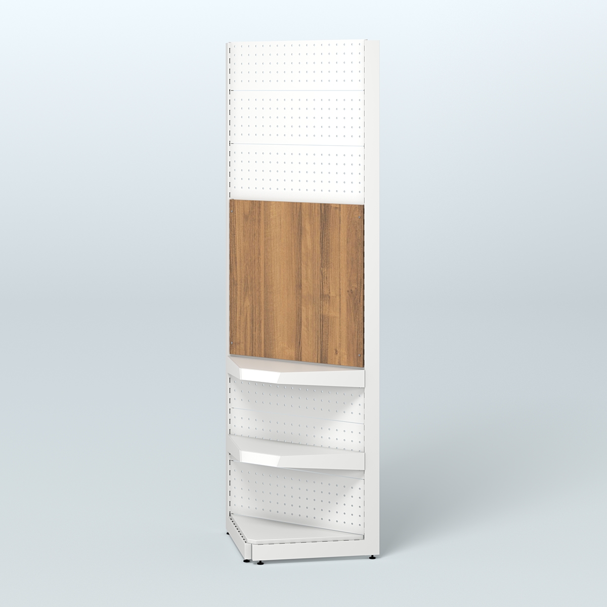 Высокий угловой металлический стеллаж под врезные краны для размещения в магазине разливного пива и рыбы BEER&FISH-УМС-2400-1 Орех