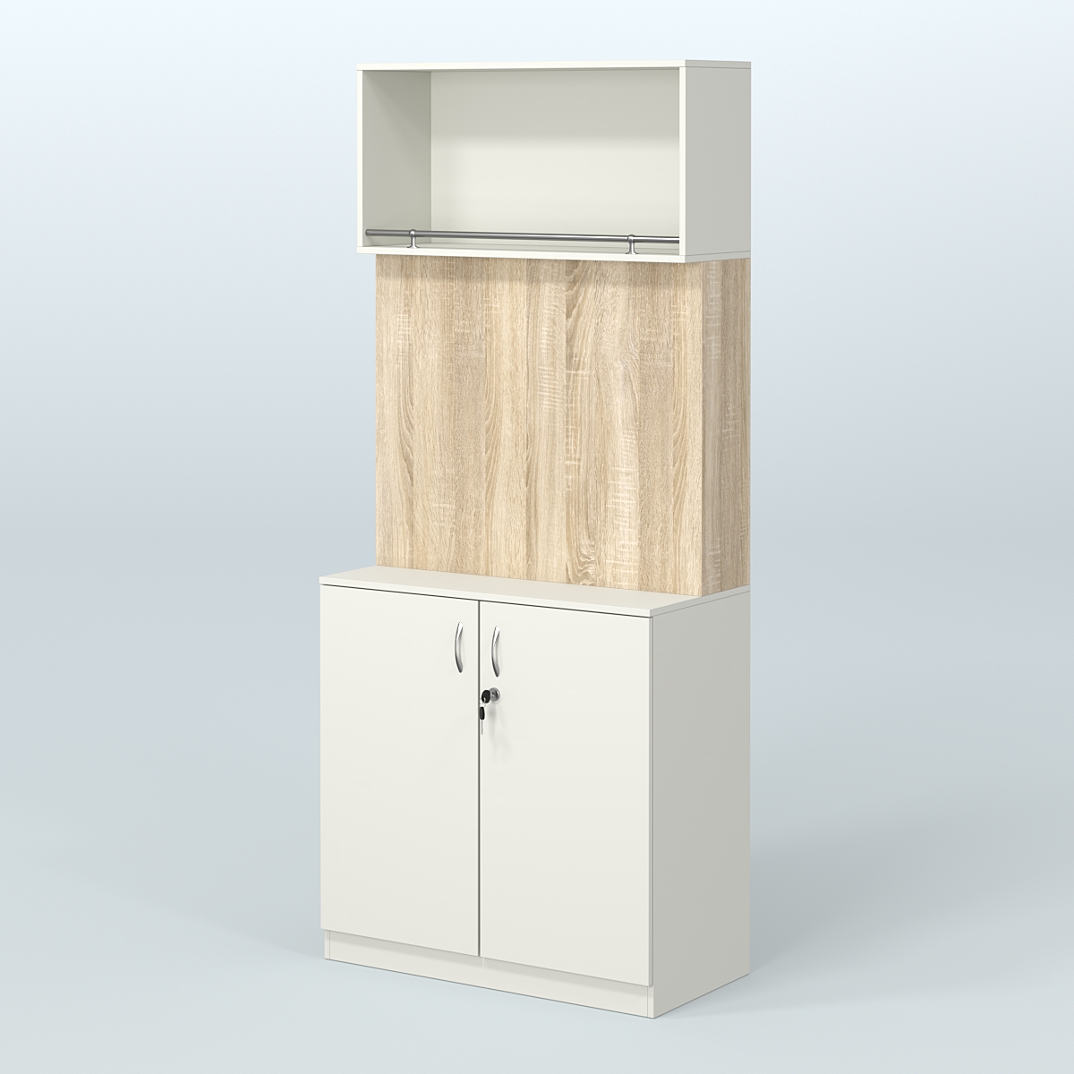 Специализи- рованный стеллаж с дверками из ДСП под врезные краны в магазин разливного пива и рыбы BEER&FISH-СПД-02 Белый + Дуб Сонома