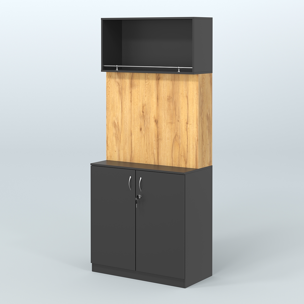 Специализи- рованный стеллаж с дверками из ДСП под врезные краны в магазин разливного пива и рыбы BEER&FISH-СПД-02 Черный и Дуб Золотистый 10-U1148