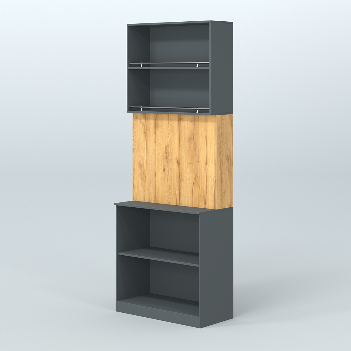 Высокий специализи- рованный стеллаж из ДСП под врезные краны с полками для магазина разливного пива и рыбы BEER&FISH-СПД-03 Темно-Серый  + Дуб Золотистый