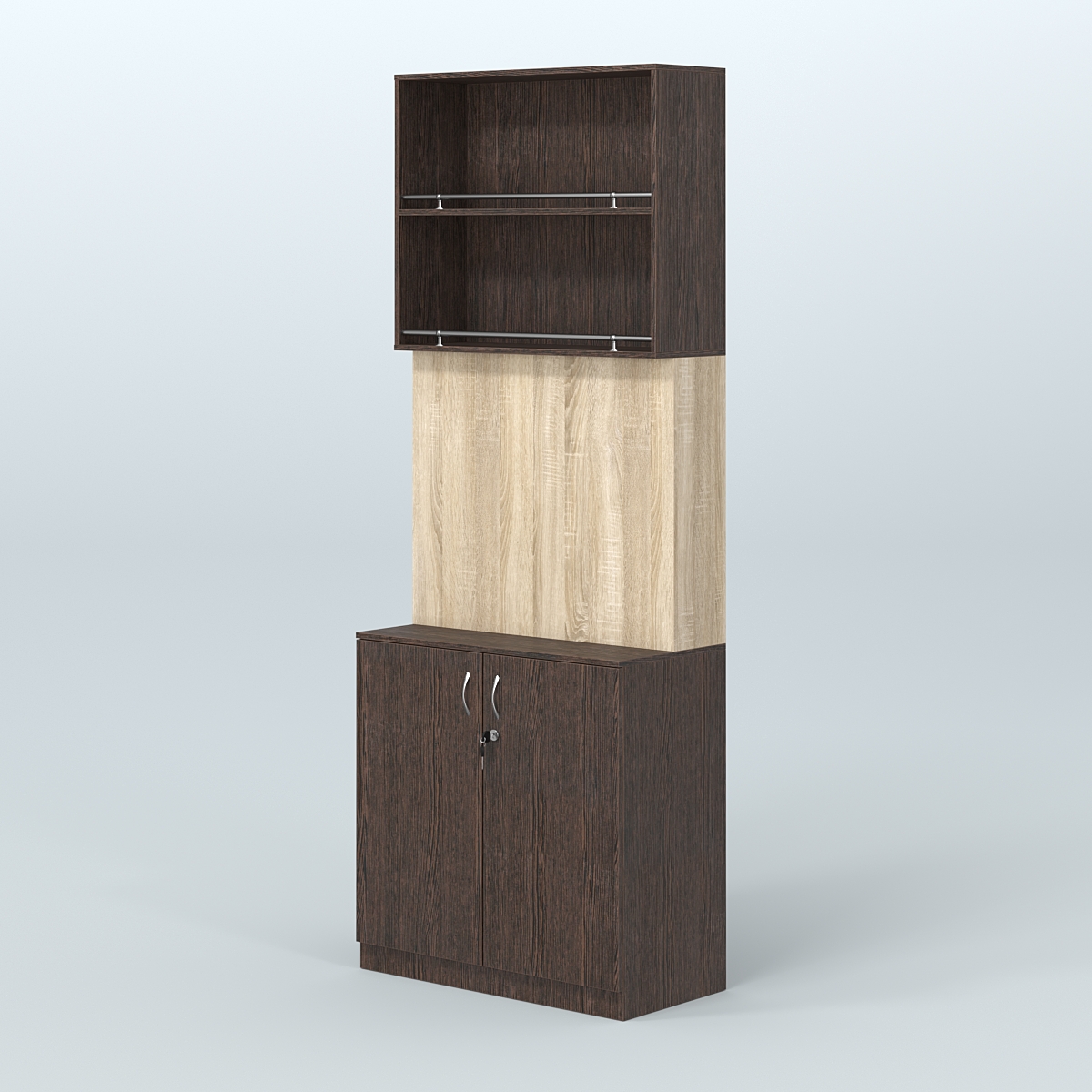 Высокий специализи- рованный стеллаж из ДСП под врезные краны с накопителем для магазина разливного пива и рыбы BEER&FISH-СПД-04 Дуб Венге + Дуб Сонома