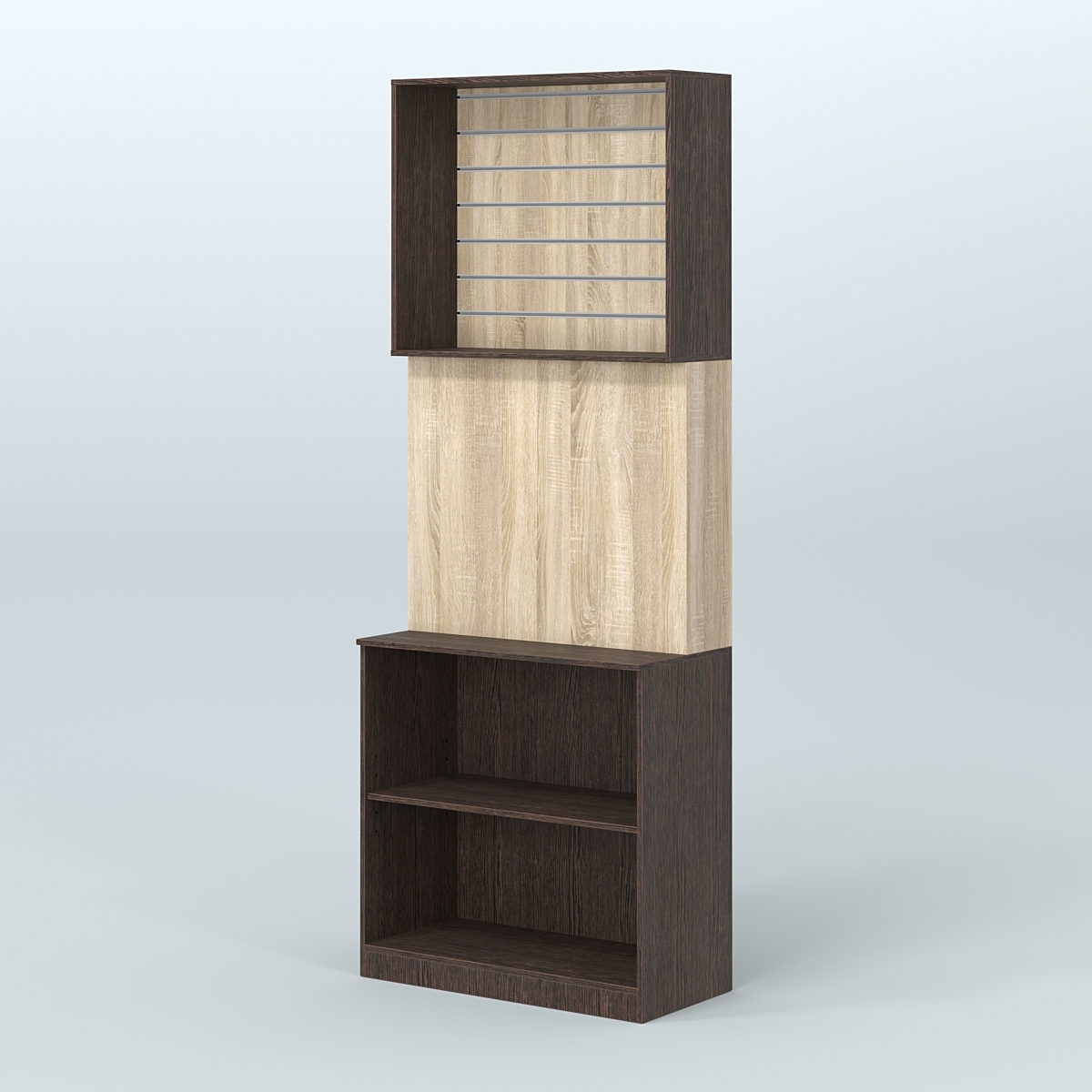 Высокий специализи- рованный стеллаж из ДСП под врезные краны с экономпанелью для продажи разливного пива и рыбы BEER&FISH-СПД-05 Дуб Венге + Дуб Сонома