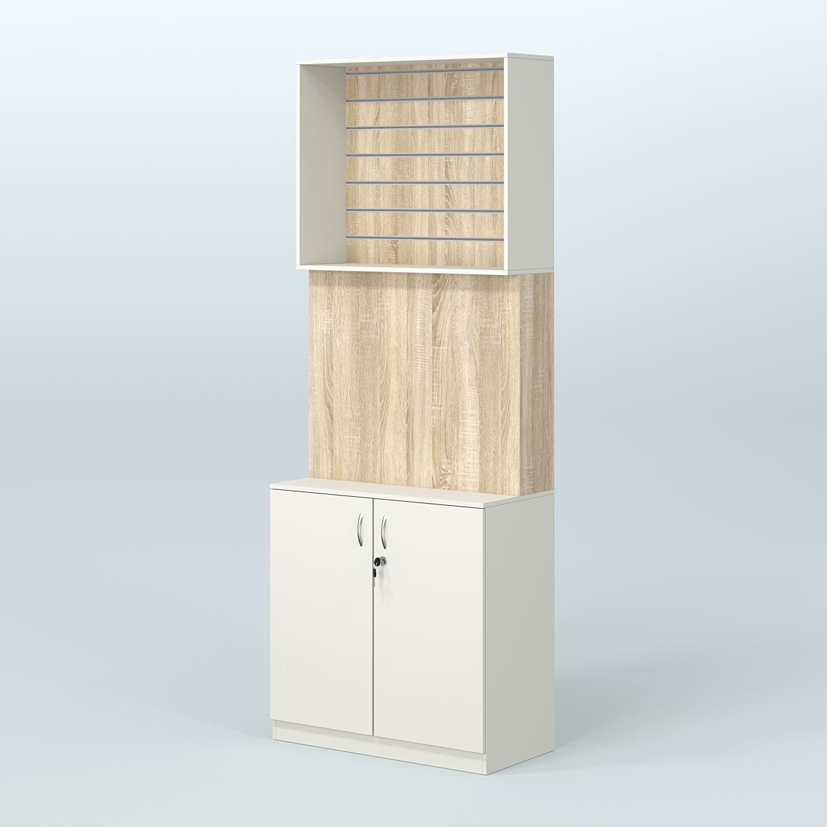 Высокий специализи- рованный стеллаж из ДСП с панелью под врезные краны и закрытым накопителем для магазина разливного пива и рыбы BEER&FISH-СПД-06 Белый + Дуб Сонома