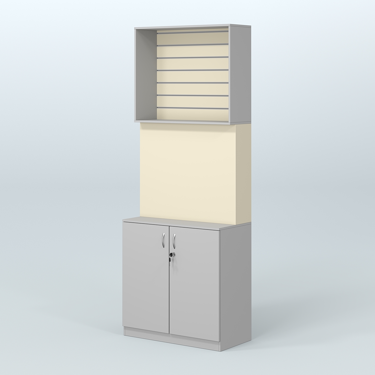 Высокий специализи- рованный стеллаж из ДСП с панелью под врезные краны и закрытым накопителем для магазина разливного пива и рыбы BEER&FISH-СПД-06 Серый + Крем Вайс