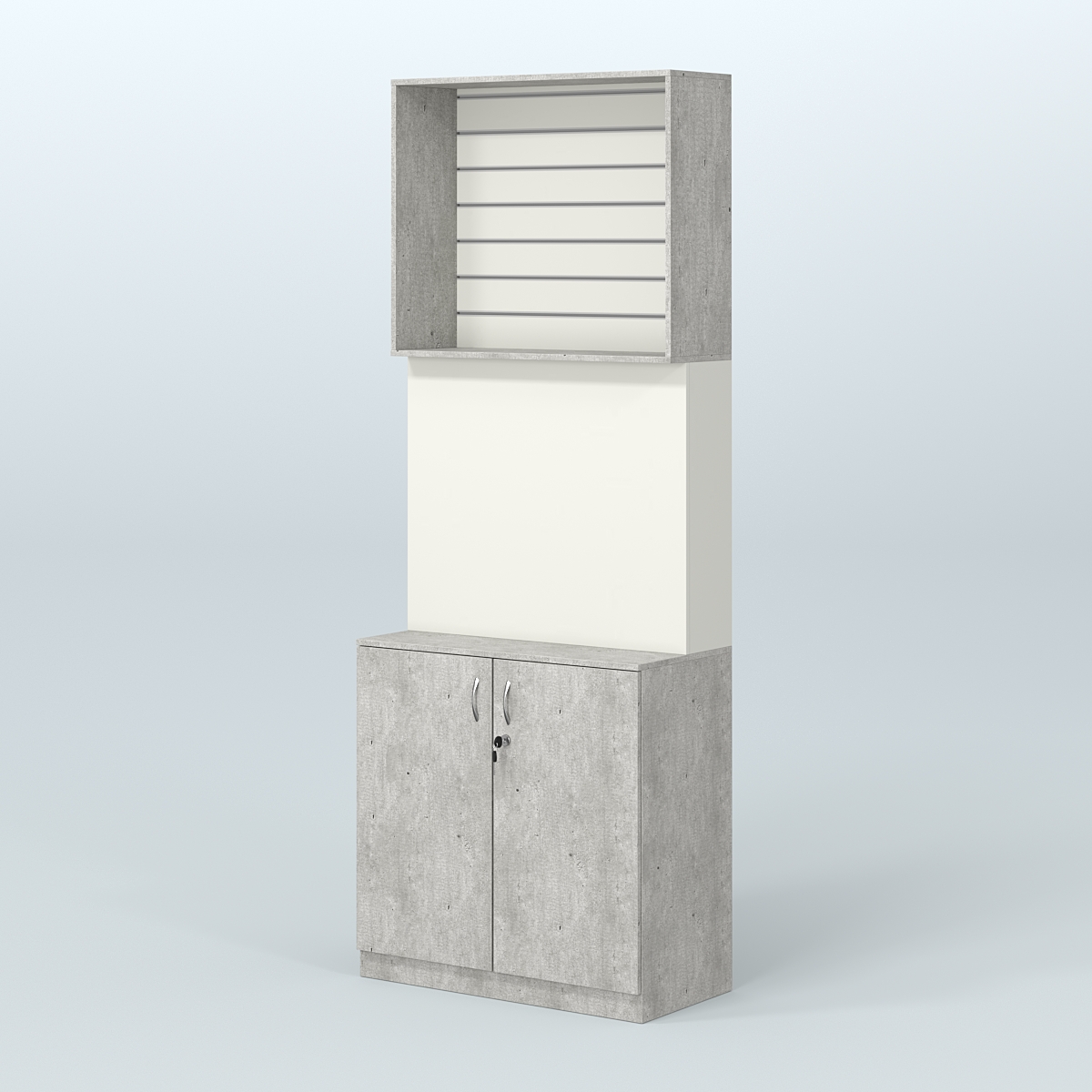 Высокий специализи- рованный стеллаж из ДСП с панелью под врезные краны и закрытым накопителем для магазина разливного пива и рыбы BEER&FISH-СПД-06 Метрополитан Грей + Белый