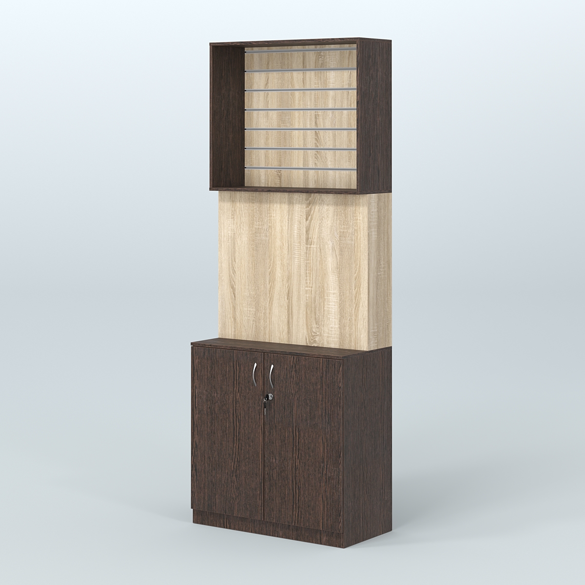 Высокий специализи- рованный стеллаж из ДСП с панелью под врезные краны и закрытым накопителем для магазина разливного пива и рыбы BEER&FISH-СПД-06 Дуб Венге + Дуб Сонома