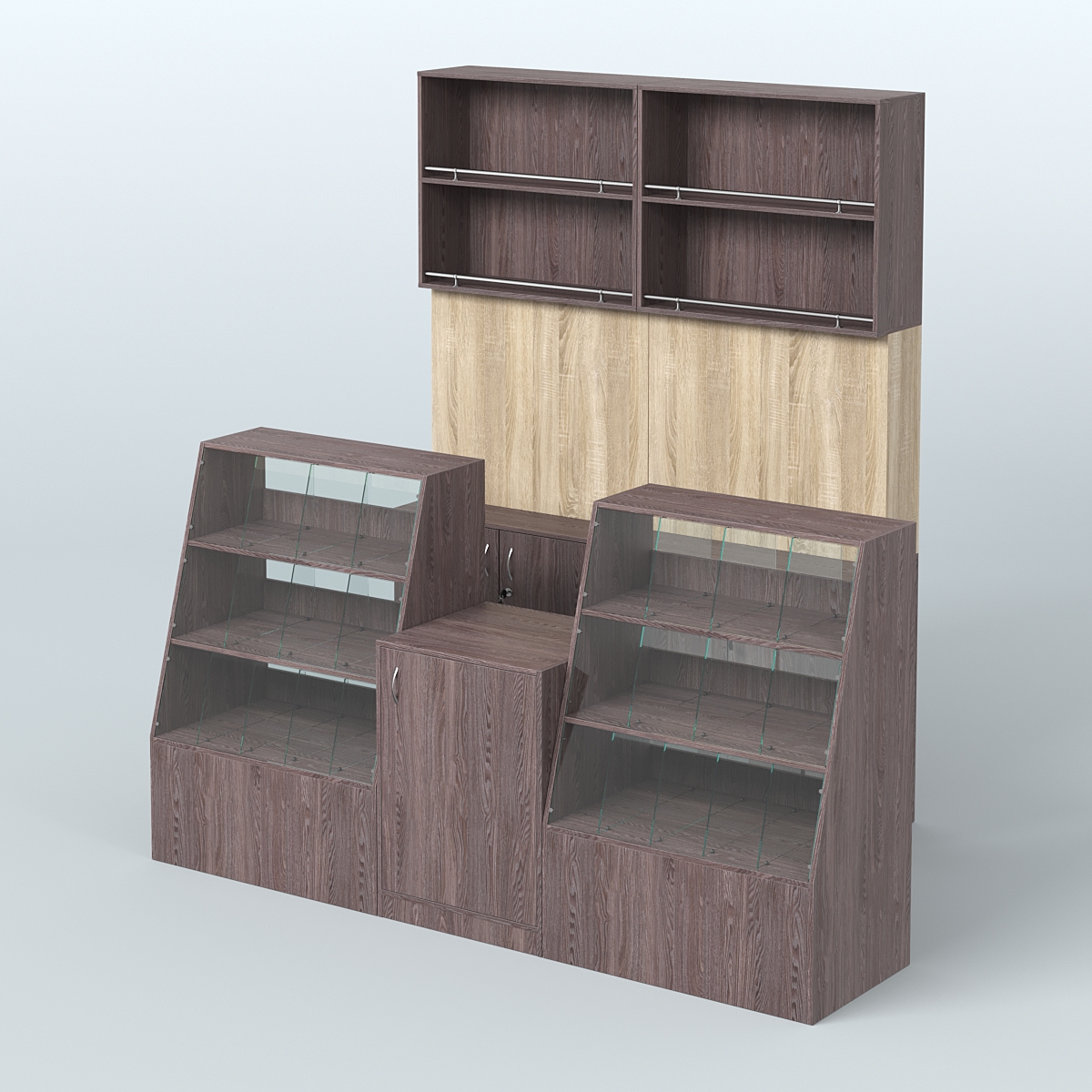 Комплект торговой мебели малый из ДСП для магазина разливного пива и рыбы BEER&FISH-КТМП-Д01 Ясень Анкор темный и Дуб Сонома