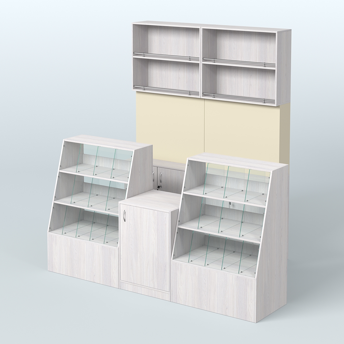 Комплект торговой мебели малый из ДСП для магазина разливного пива и рыбы BEER&FISH-КТМП-Д01 Ясень Анкор светлый и Крем Вайс