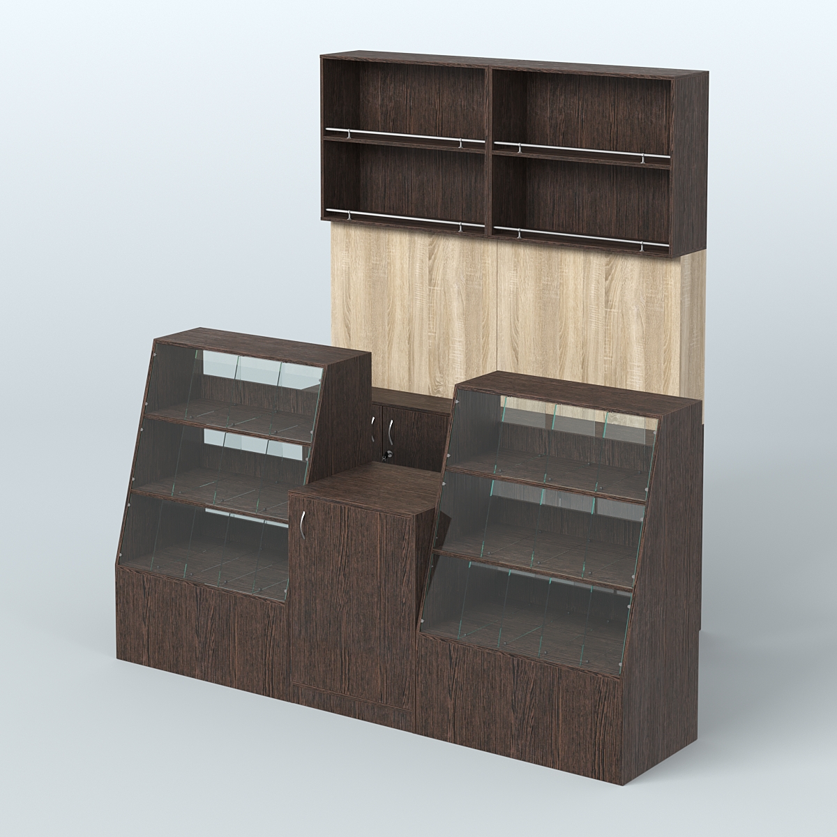 Комплект торговой мебели малый из ДСП для магазина разливного пива и рыбы BEER&FISH-КТМП-Д01 Дуб Венге + Дуб Сонома