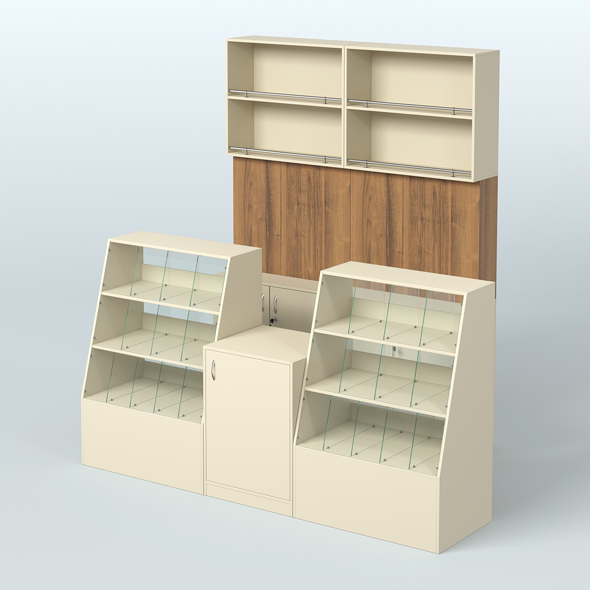 Комплект торговой мебели малый из ДСП для магазина разливного пива и рыбы BEER&FISH-КТМП-Д01 Крем Вайс + Орех