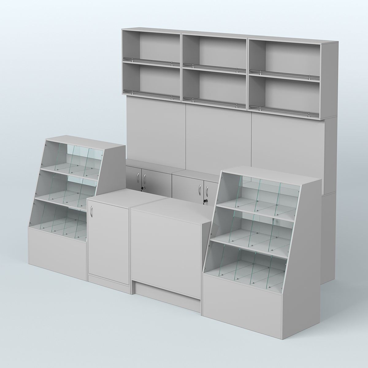 Комплект торговой мебели с высокими стеллажами из ДСП для магазина разливного пива и рыбы BEER&FISH-КТМП-Д02 Серый