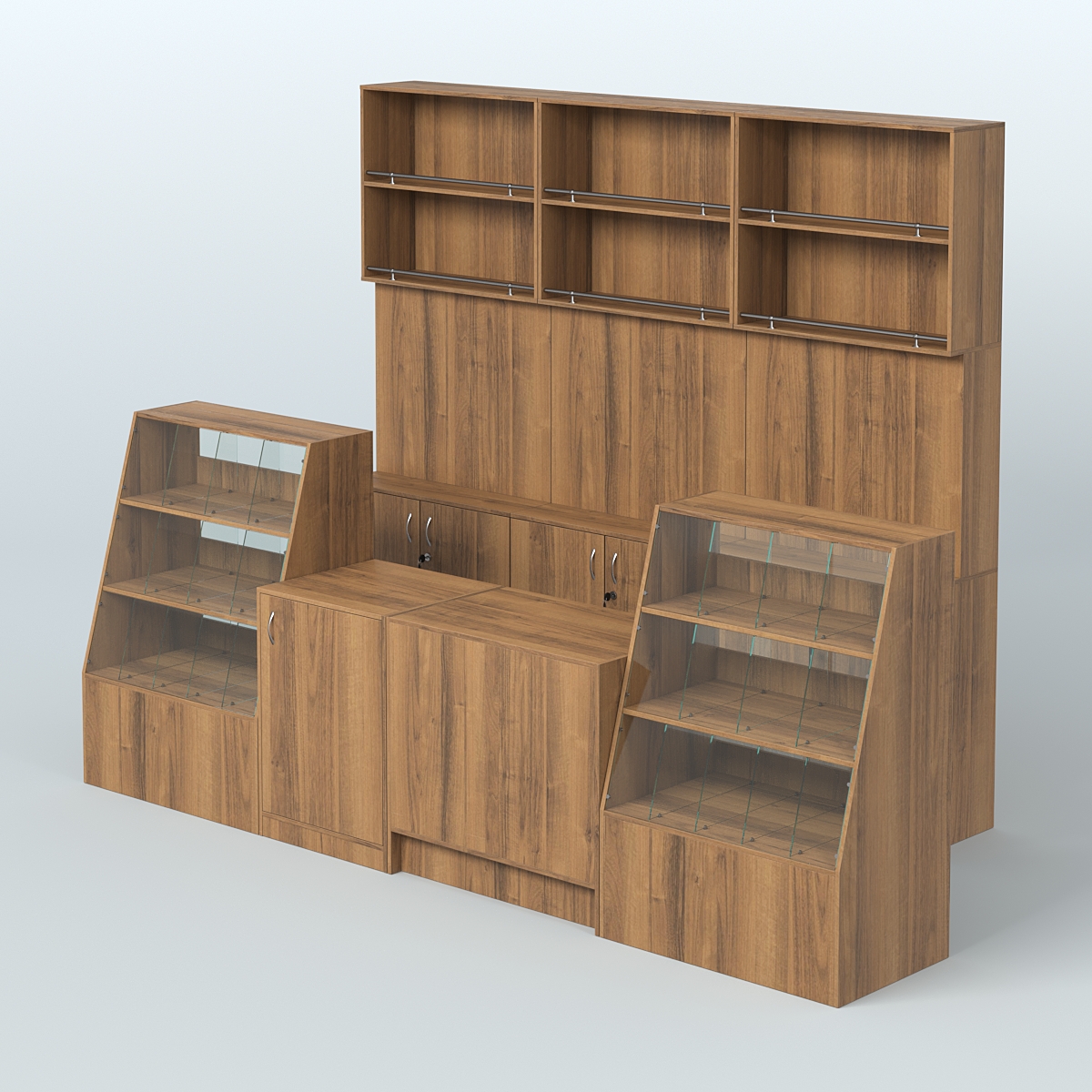 Комплект торговой мебели с высокими стеллажами из ДСП для магазина разливного пива и рыбы BEER&FISH-КТМП-Д02 Орех