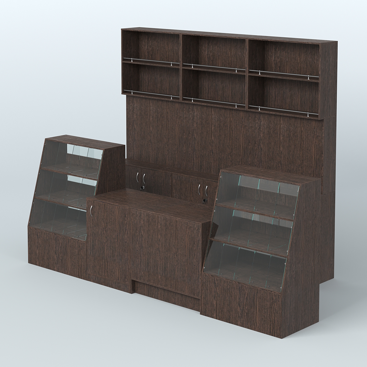 Комплект торговой мебели с высокими стеллажами из ДСП для магазина разливного пива и рыбы BEER&FISH-КТМП-Д02 Дуб Венге