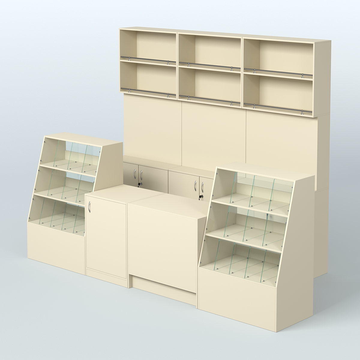 Комплект торговой мебели с высокими стеллажами из ДСП для магазина разливного пива и рыбы BEER&FISH-КТМП-Д02 Крем Вайс