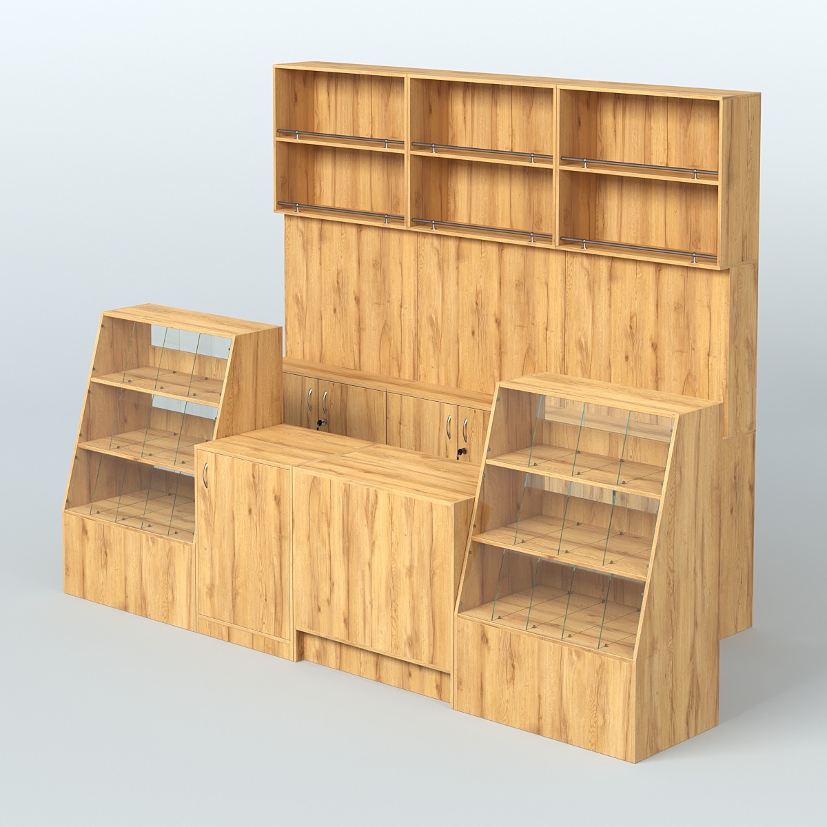 Комплект торговой мебели с высокими стеллажами из ДСП для магазина разливного пива и рыбы BEER&FISH-КТМП-Д02 Дуб Золотистый