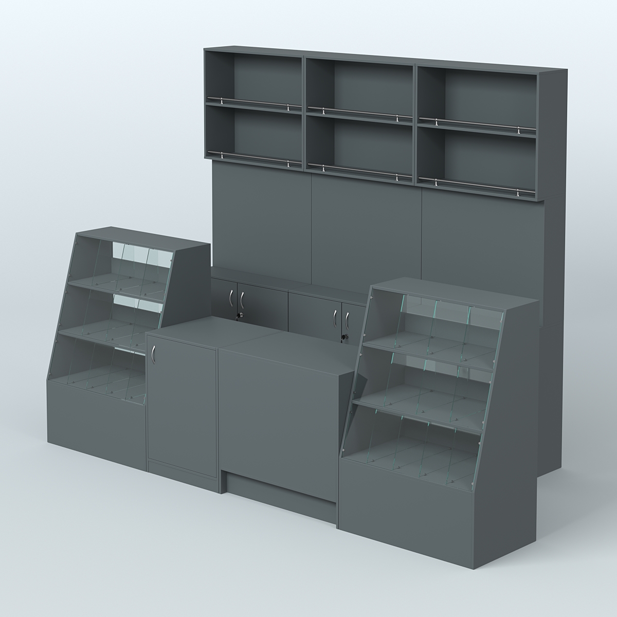 Комплект торговой мебели с высокими стеллажами из ДСП для магазина разливного пива и рыбы BEER&FISH-КТМП-Д02 Темно-Серый
