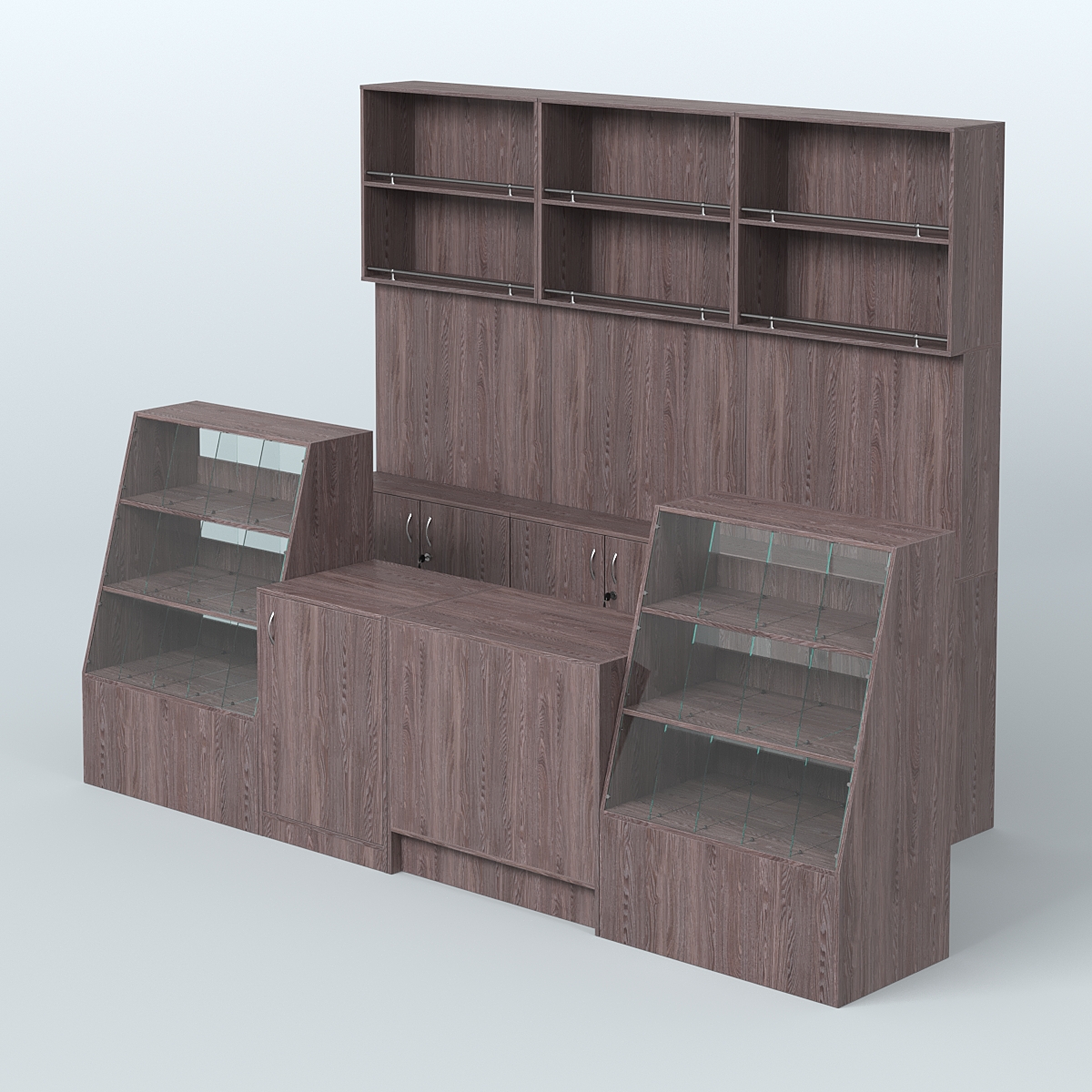 Комплект торговой мебели с высокими стеллажами из ДСП для магазина разливного пива и рыбы BEER&FISH-КТМП-Д02 Ясень Анкор темный