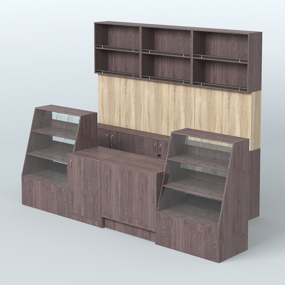 Комплект торговой мебели с высокими стеллажами из ДСП для магазина разливного пива и рыбы BEER&FISH-КТМП-Д02 Ясень Анкор темный и Дуб Сонома