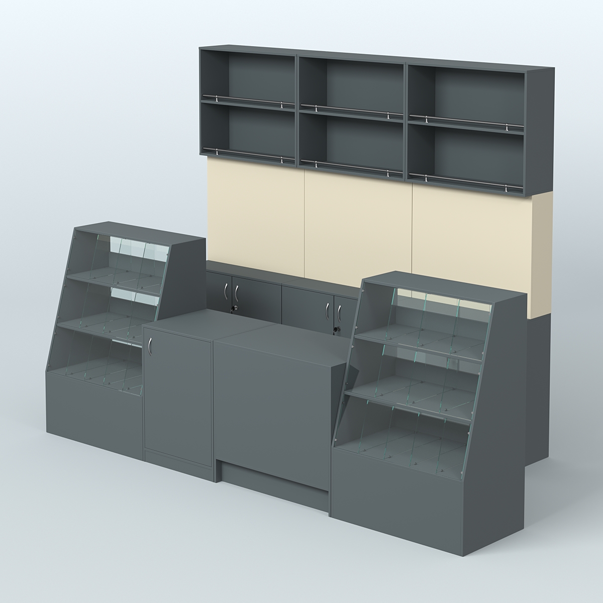 Комплект торговой мебели с высокими стеллажами из ДСП для магазина разливного пива и рыбы BEER&FISH-КТМП-Д02 Темно-серый и Крем Вайс U2601-U2236