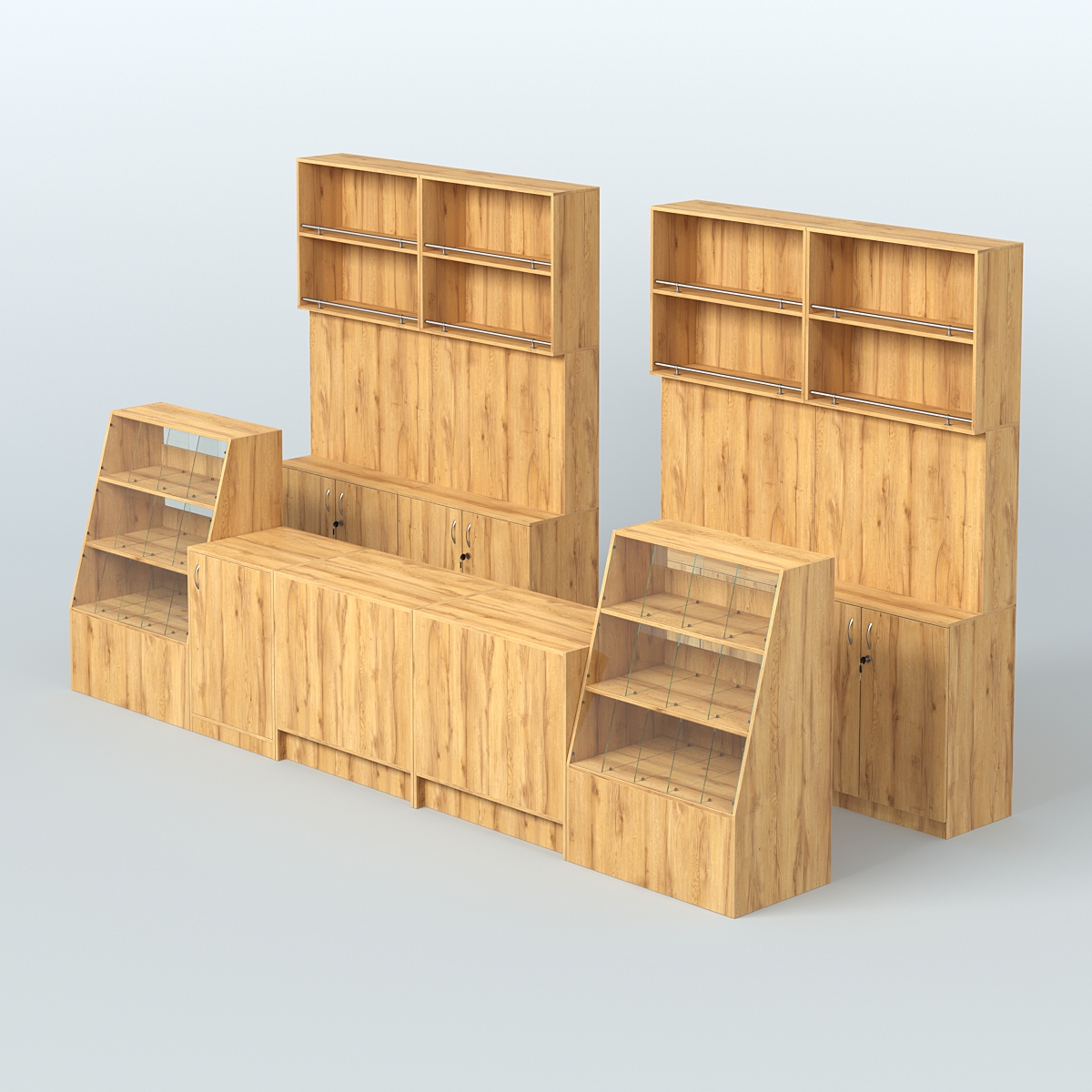 Комплект торговой мебели с прилавками из ДСП для оборудования магазина разливного пива и рыбы BEER&FISH-КТМП-Д03 Дуб Золотистый