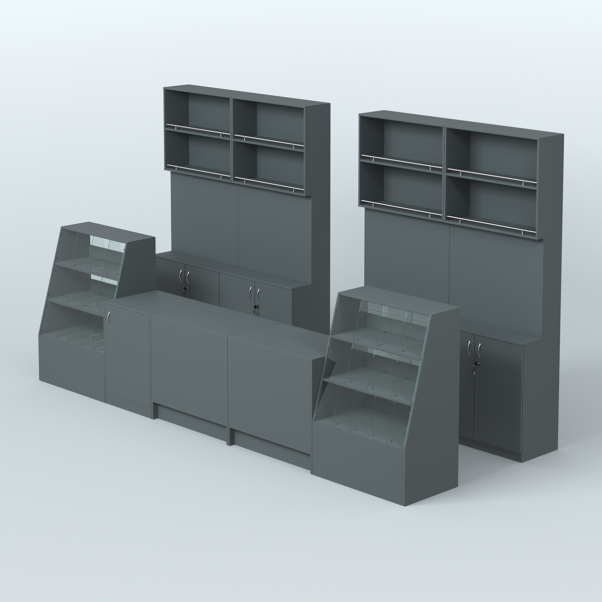 Комплект торговой мебели с прилавками из ДСП для оборудования магазина разливного пива и рыбы BEER&FISH-КТМП-Д03 Темно-Серый