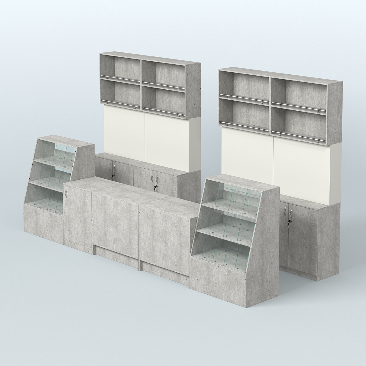 Комплект торговой мебели с прилавками из ДСП для оборудования магазина разливного пива и рыбы BEER&FISH-КТМП-Д03 Метрополитан Грей + Белый