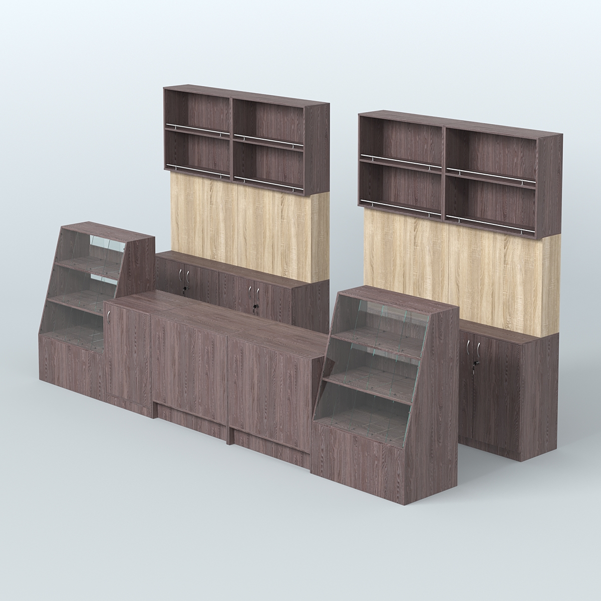 Комплект торговой мебели с прилавками из ДСП для оборудования магазина разливного пива и рыбы BEER&FISH-КТМП-Д03 Ясень Анкор темный и Дуб Сонома