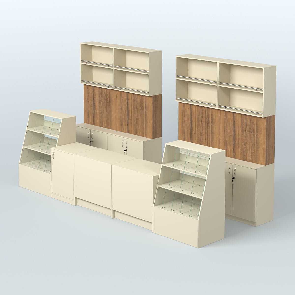 Комплект торговой мебели с прилавками из ДСП для оборудования магазина разливного пива и рыбы BEER&FISH-КТМП-Д03 Крем Вайс + Орех