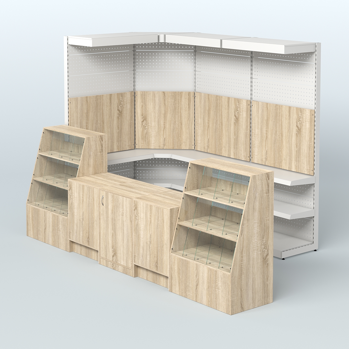 Комплект торговой мебели с металлическими стеллажами для магазина разливного пива и рыбы BEER&FISH-КТМП-М01 Дуб сонома