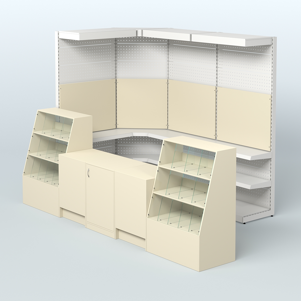 Комплект торговой мебели с металлическими стеллажами для магазина разливного пива и рыбы BEER&FISH-КТМП-М01 Крем Вайс