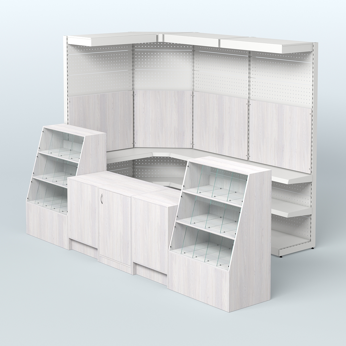 Комплект торговой мебели с металлическими стеллажами для магазина разливного пива и рыбы BEER&FISH-КТМП-М01 Ясень Анкор светлый