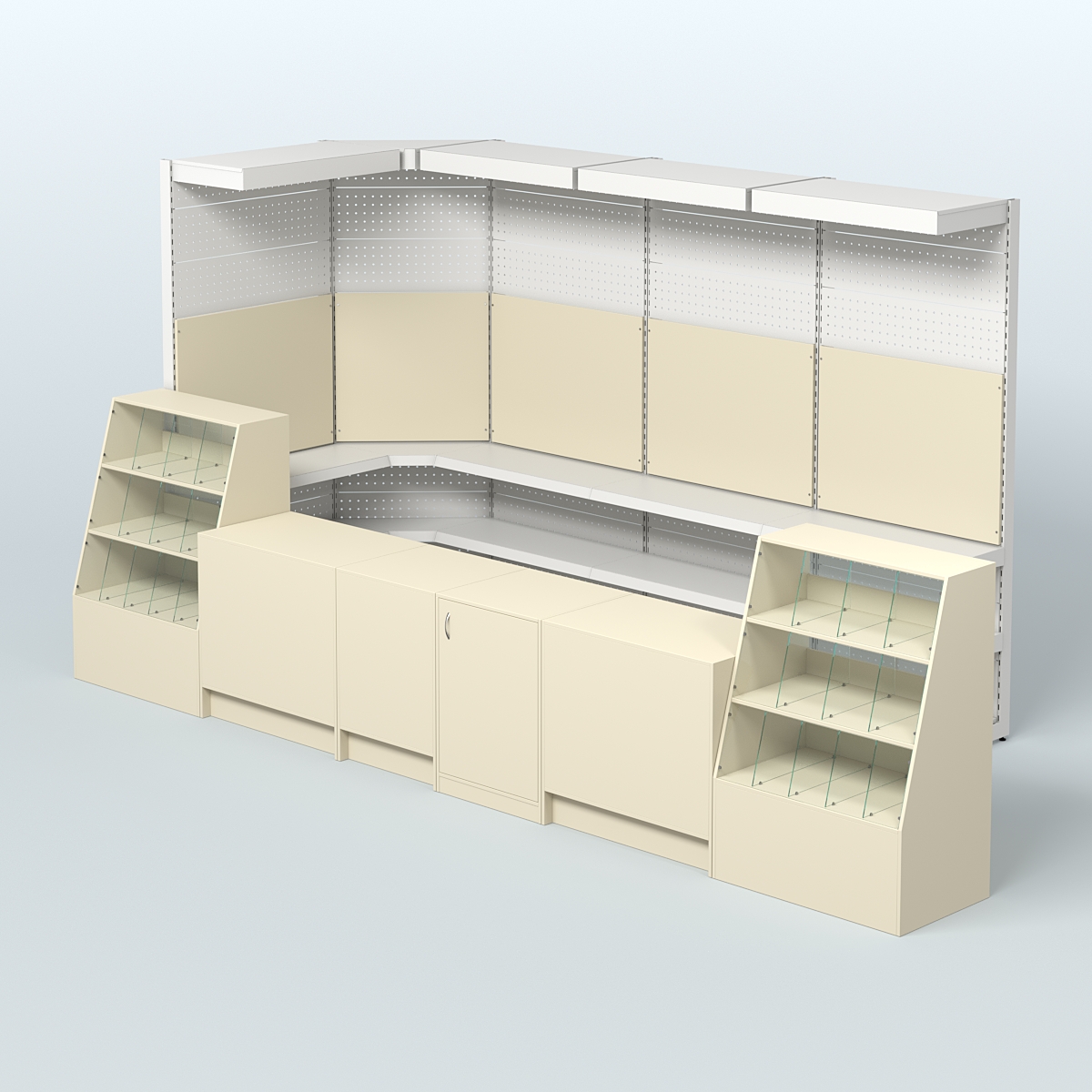 Комплект торговой мебели с врезными кранами для большого магазина разливного пива и рыбы BEER&FISH-КТМП-М02 Крем Вайс