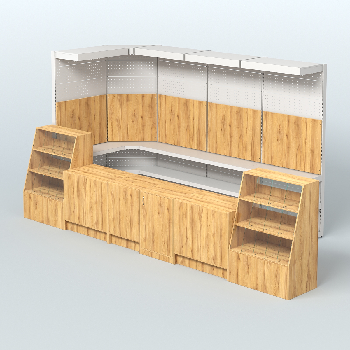 Комплект торговой мебели с врезными кранами для большого магазина разливного пива и рыбы BEER&FISH-КТМП-М02 Дуб Золотистый