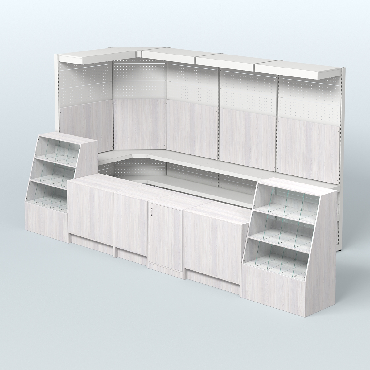 Комплект торговой мебели с врезными кранами для большого магазина разливного пива и рыбы BEER&FISH-КТМП-М02 Ясень Анкор светлый