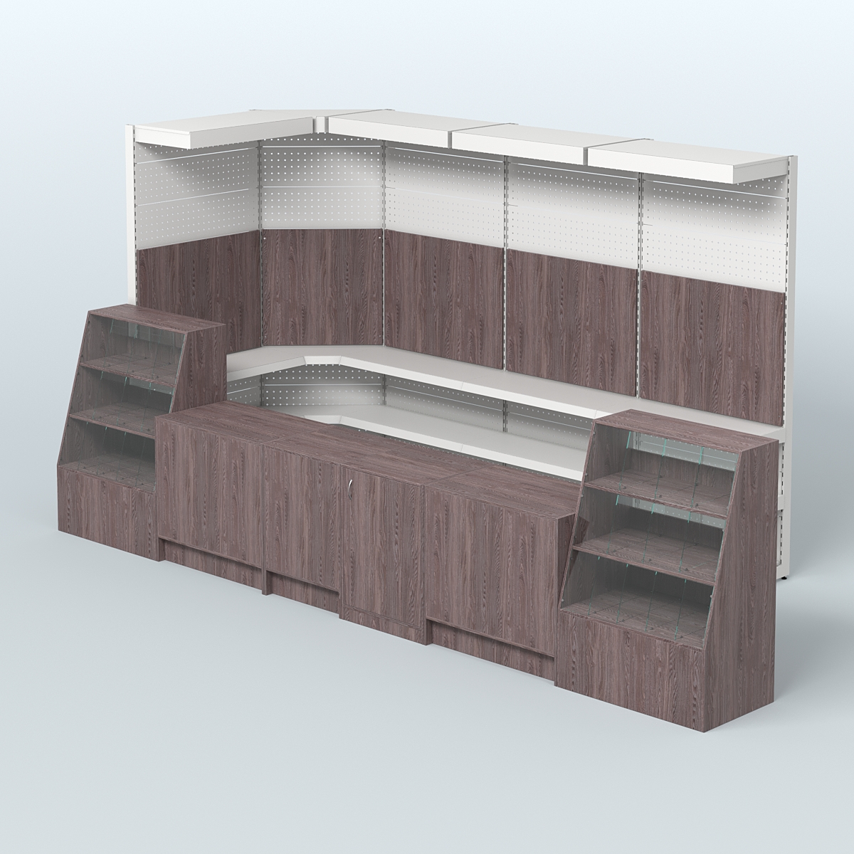 Комплект торговой мебели с врезными кранами для большого магазина разливного пива и рыбы BEER&FISH-КТМП-М02 Ясень Анкор темный