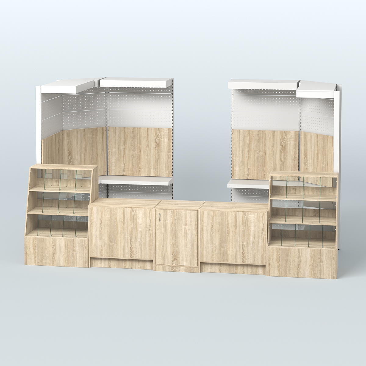 Комплект торговой мебели пристенный в магазин разливного пива и рыбы BEER&FISH-КТМП-М03 Дуб сонома