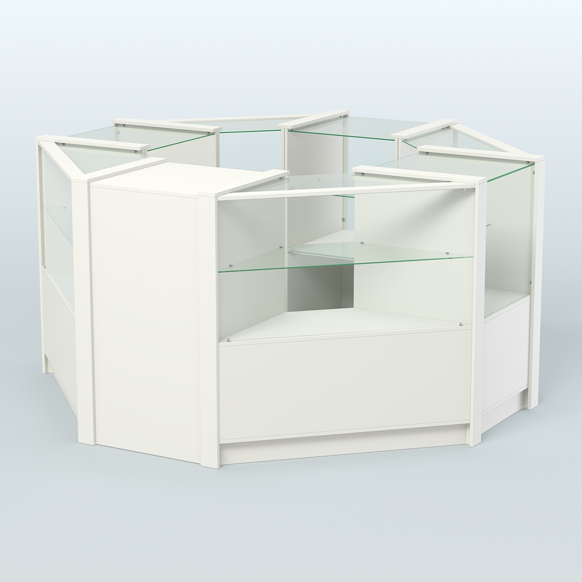 Торговый островок в стиле ЛОФТ с одним рядом прозрачных полок №2 (4,72 кв.м) Белый
