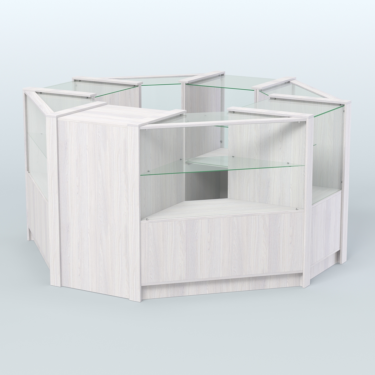 Торговый островок в стиле ЛОФТ с одним рядом прозрачных полок №2 (4,72 кв.м) Ясень Анкор светлый