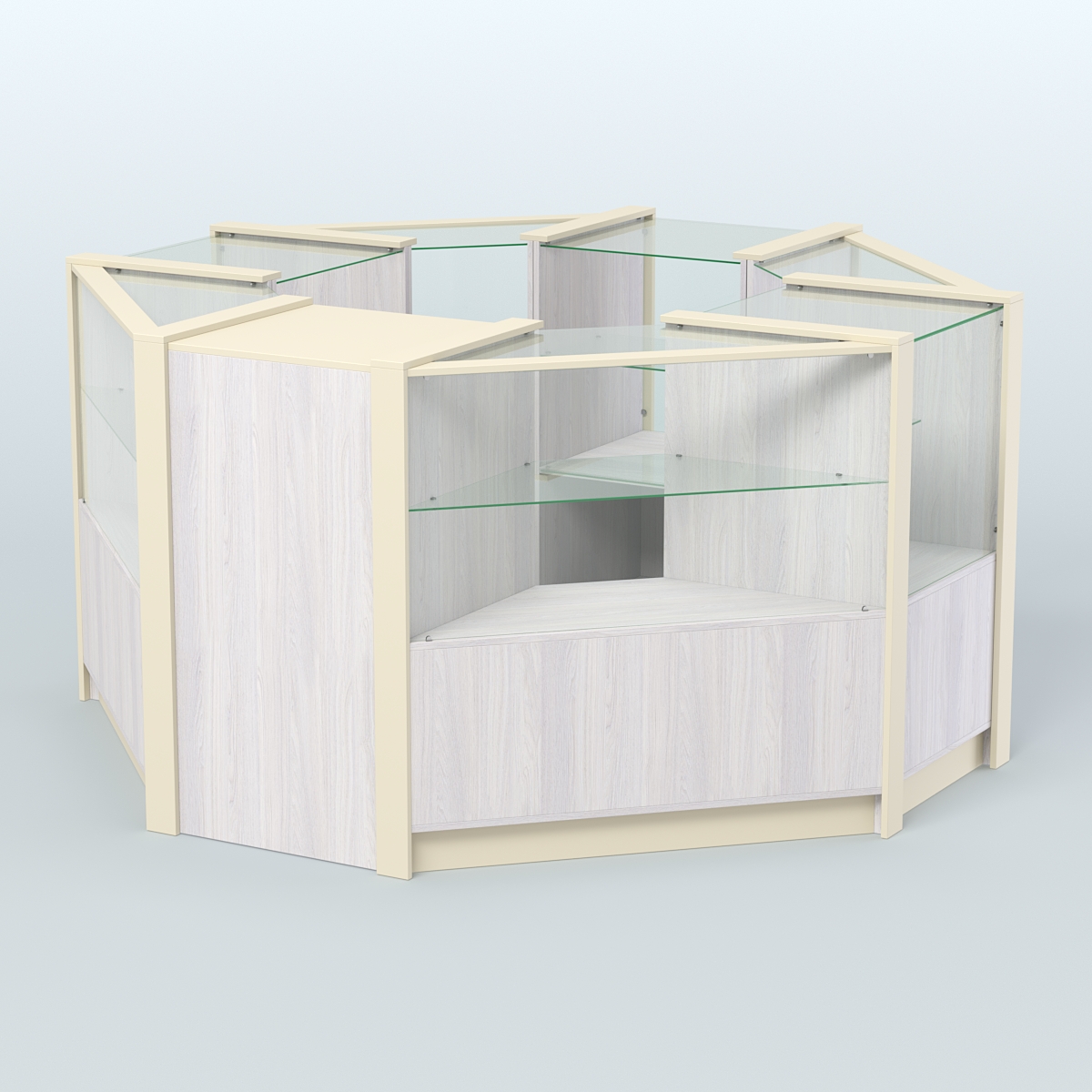 Торговый островок в стиле ЛОФТ с одним рядом прозрачных полок №2 (4,72 кв.м) Ясень Анкор светлый и Крем Вайс