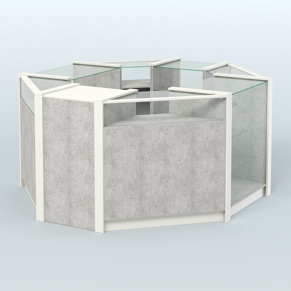 Торговый островок из стекла и ДСП в стиле ЛОФТ №6 (5,38 кв.м) Метрополитан Грей + Белый