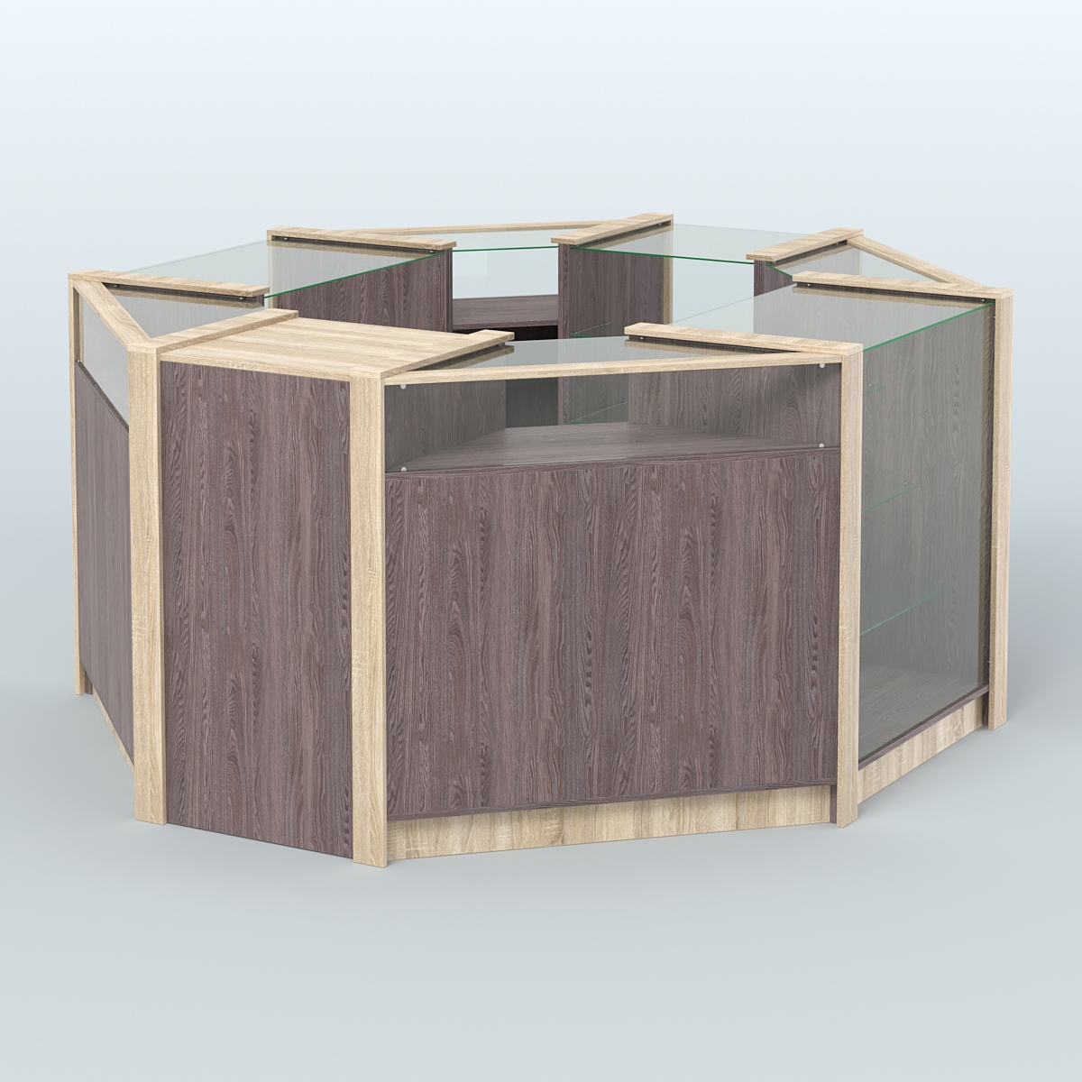 Торговый островок из стекла и ДСП в стиле ЛОФТ №6 (5,38 кв.м) Ясень Анкор темный и Дуб Сонома