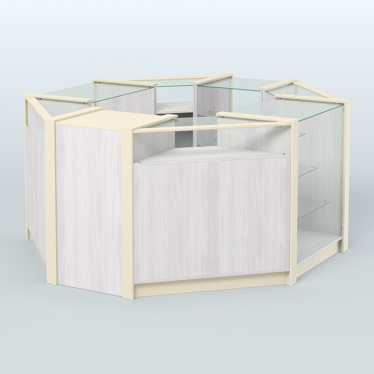 Торговый островок из стекла и ДСП в стиле ЛОФТ №6 (5,38 кв.м) Ясень Анкор светлый и Крем Вайс