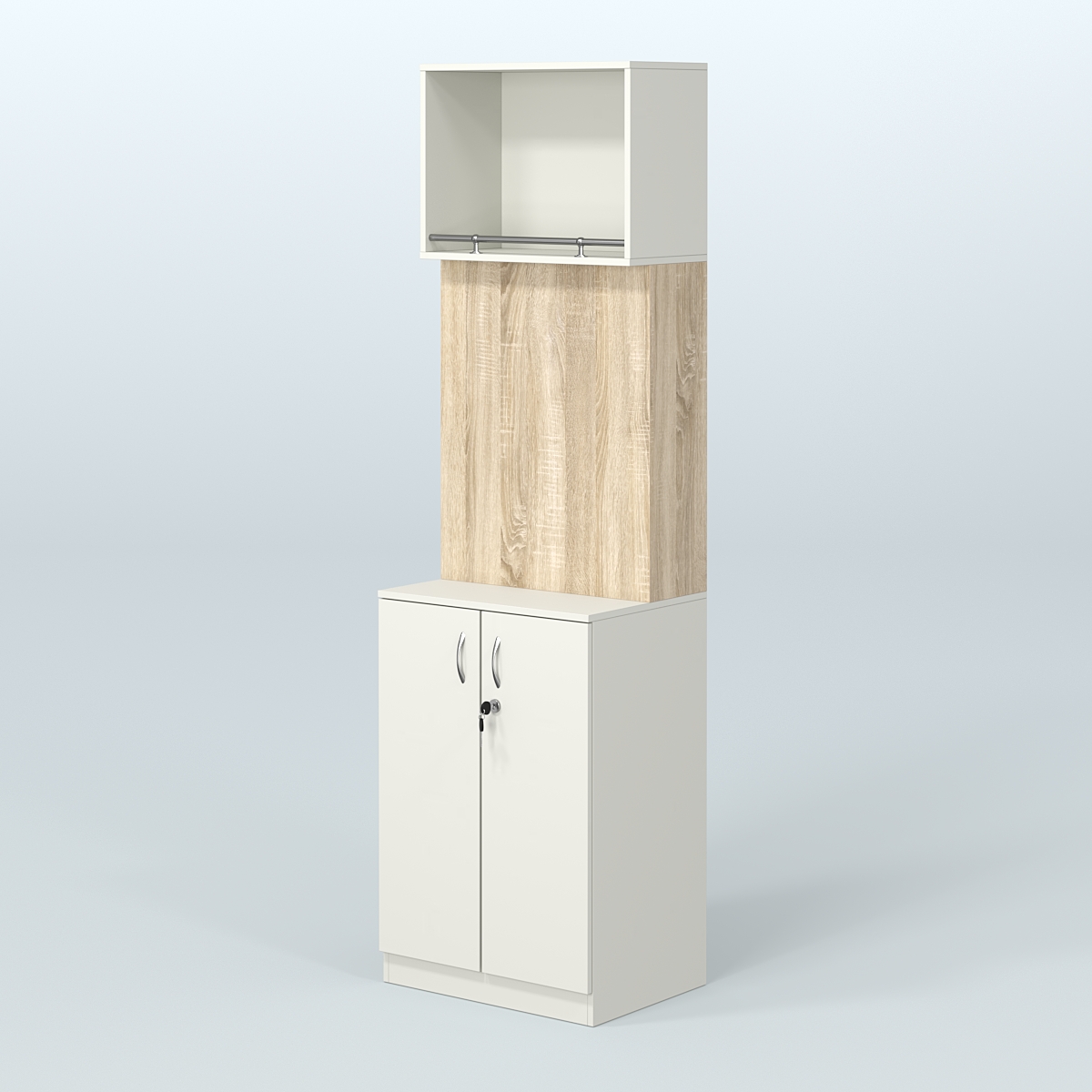 Специализи- рованный стеллаж из ДСП под врезные краны с распашными дверьми в магазин разливного пива и рыбы BEER&FISH-СПД-02-600 Белый + Дуб Сонома