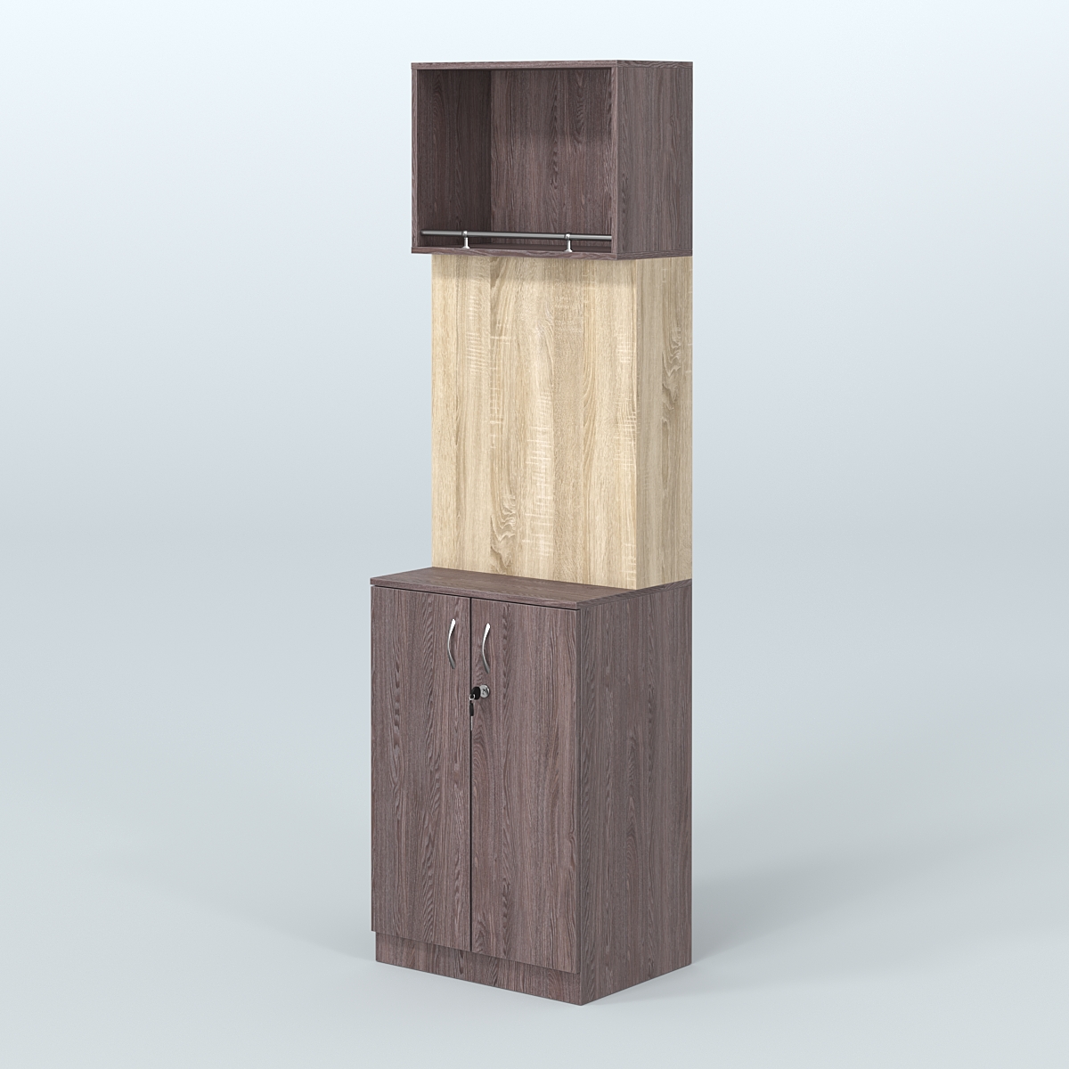 Специализи- рованный стеллаж из ДСП под врезные краны с распашными дверьми в магазин разливного пива и рыбы BEER&FISH-СПД-02-600 Ясень Анкор темный и Дуб Сонома