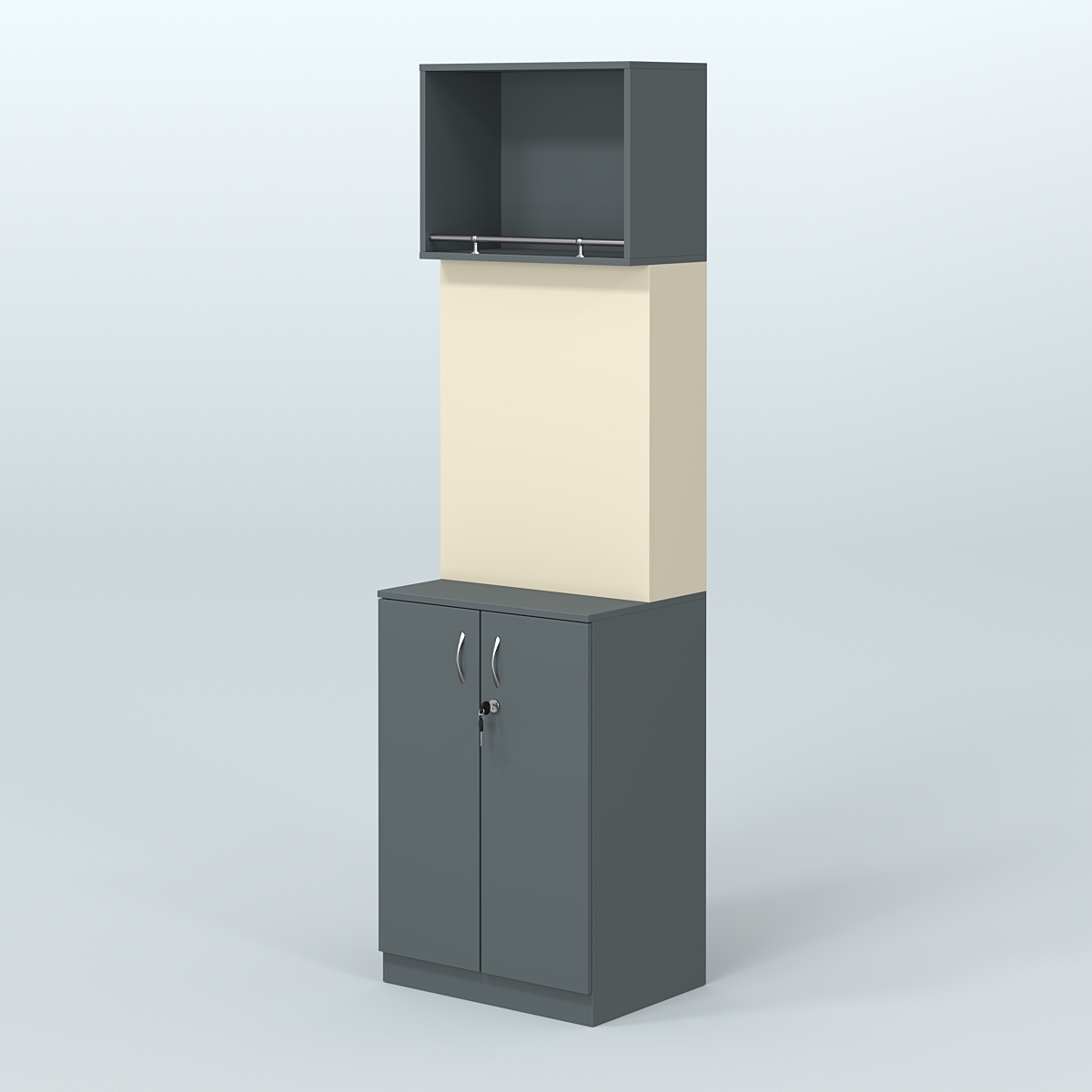 Специализи- рованный стеллаж из ДСП под врезные краны с распашными дверьми в магазин разливного пива и рыбы BEER&FISH-СПД-02-600 Темно-серый и Крем Вайс U2601-U2236