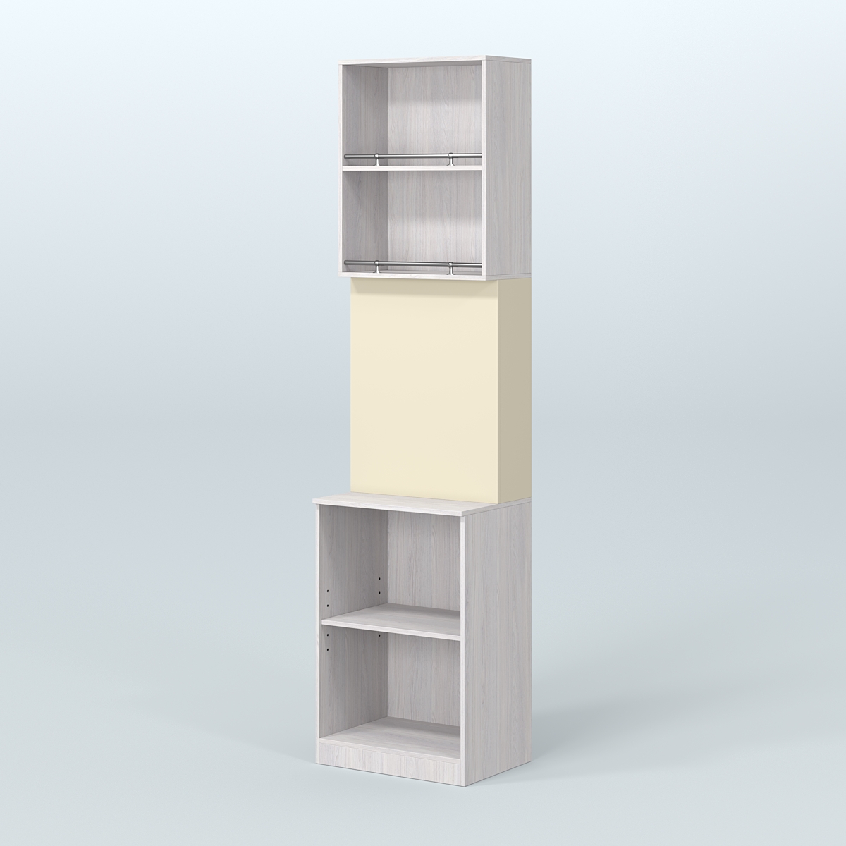 Специализи- рованный стеллаж из ДСП под врезные краны с высокой антресолью для магазина разливного пива и рыбы BEER&FISH-СПД-03-600 Ясень Анкор светлый и Крем Вайс