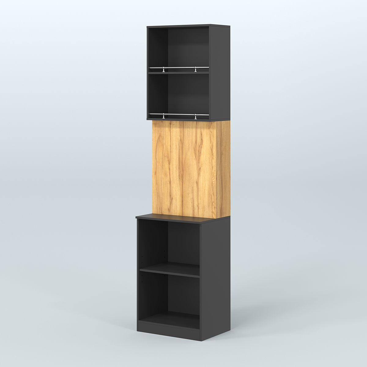 Специализи- рованный стеллаж из ДСП под врезные краны с высокой антресолью для магазина разливного пива и рыбы BEER&FISH-СПД-03-600 Черный и Дуб Золотистый 10-U1148