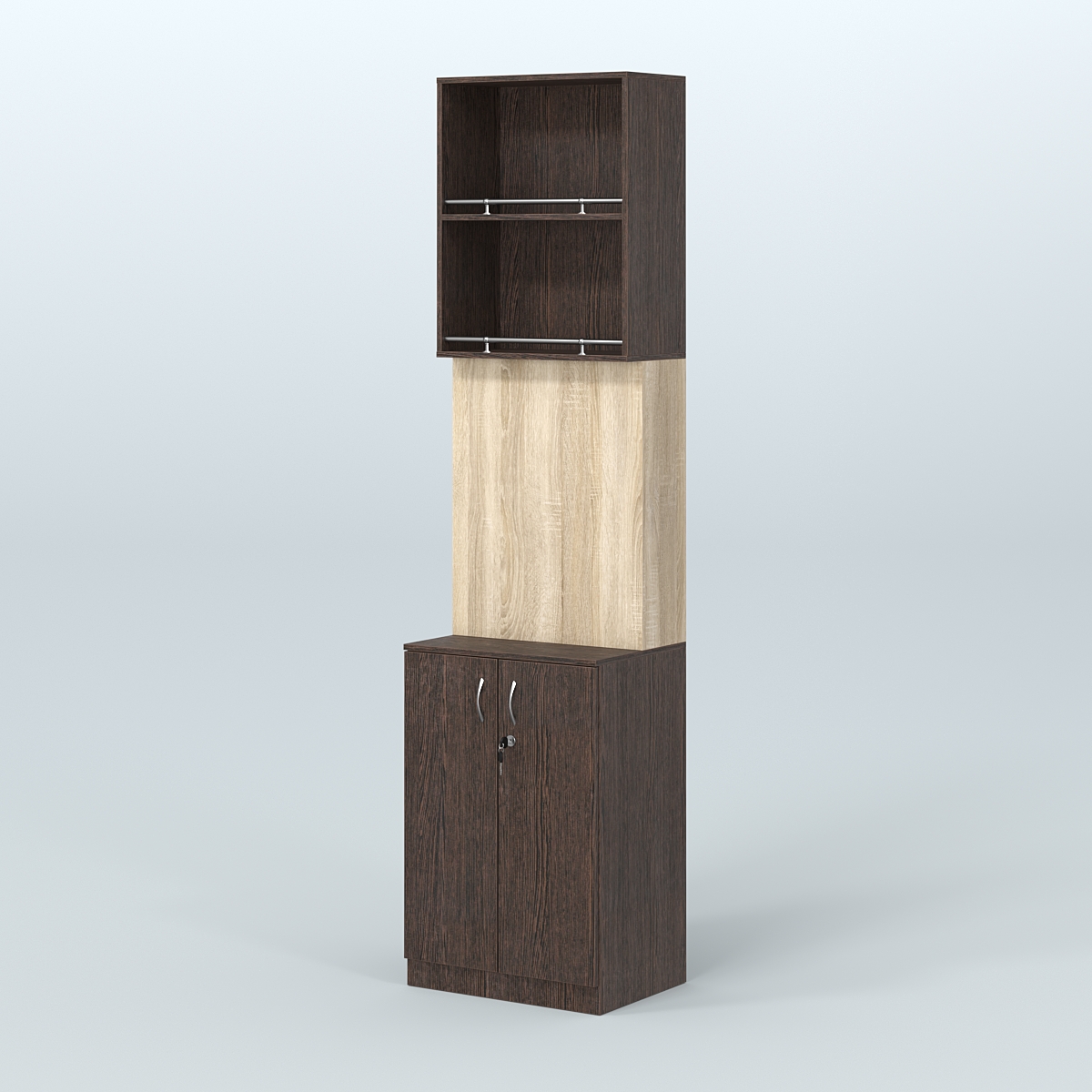 Специализи- рованный стеллаж из ДСП с панелью под врезные краны для магазина разливного пива и рыбы BEER&FISH-СПД-04-600 Дуб Венге + Дуб Сонома