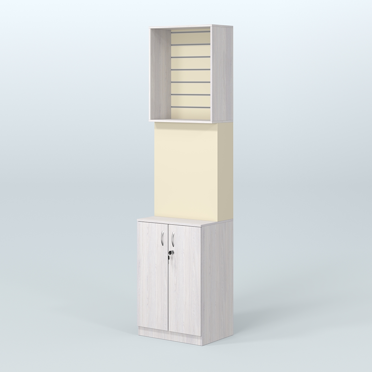 Специализи- рованный стеллаж из ДСП под врезные краны с высоким накопителем узкой конструкции для магазина разливного пива и рыбы BEER&FISH-СПД-06-600 Ясень Анкор светлый и Крем Вайс